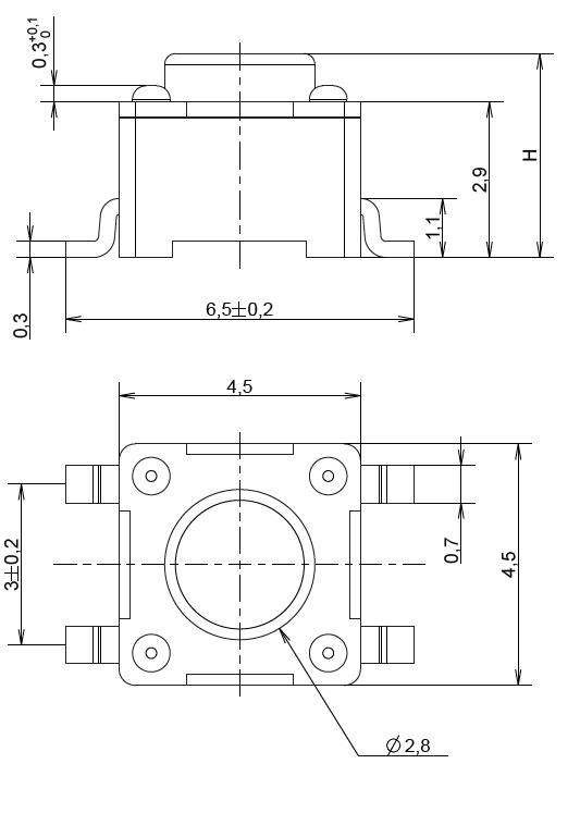 Technische Zeichnung - C&K Switches 4,5-mm-Tastschalter PTS647